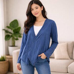 Cato Braided Trim Wrap Top Long Sleeve Blue